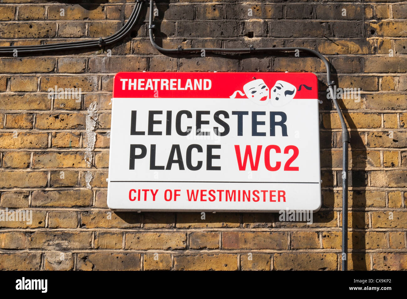 Leicester Square im Londoner West End, Theatreland Theatreland street Road Sign Mauer Stockfoto