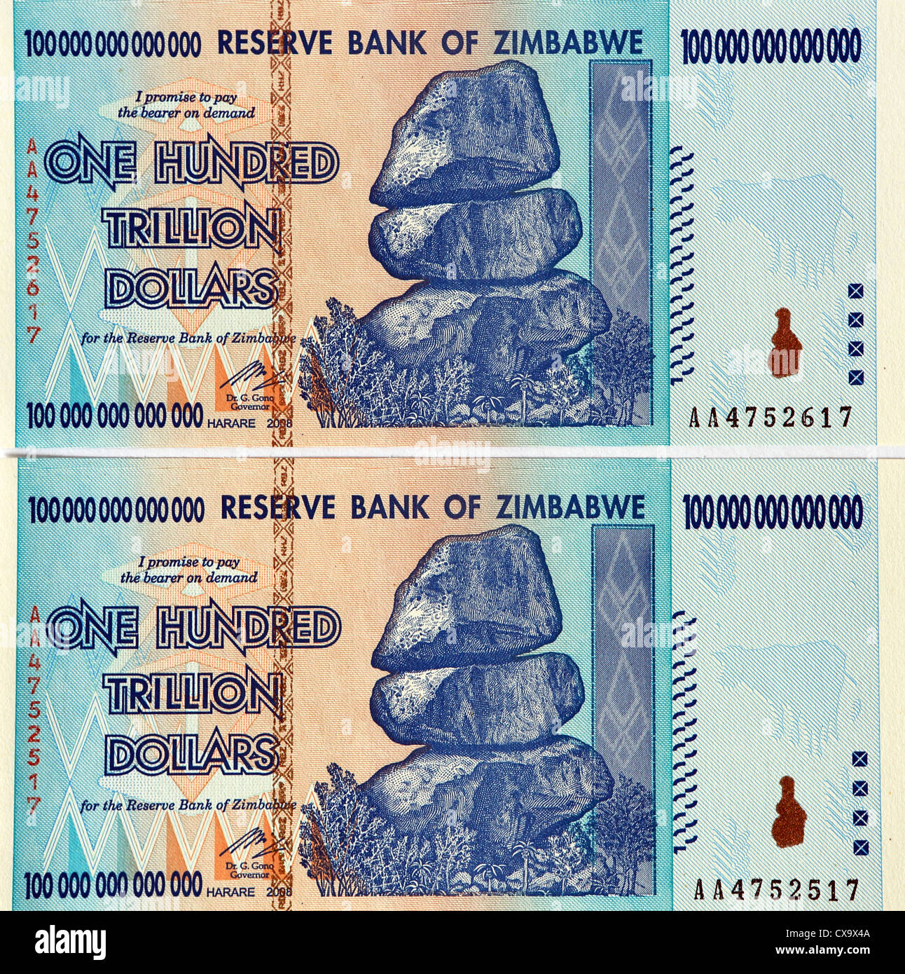 Bank von einem hundert Billionen Simbabwe-Dollar-Banknote zu reservieren. Stockfoto