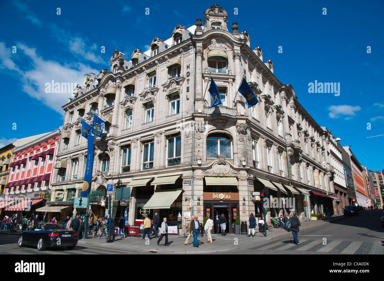 Jugendstil-Gebäude (1899) in Ecke der Karl Johans Gate und Rosengrantz Tor Straßen Sentrum Oslo Norwegen Mitteleuropa Stockfoto