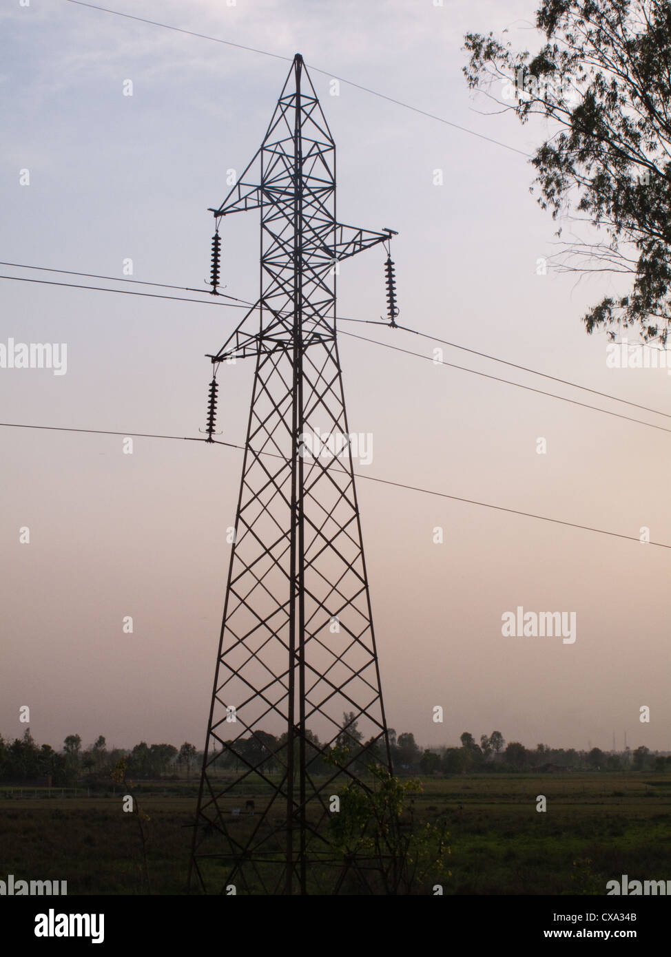 Ein Sendeturm, Durchführung von elektrischen Leitungen in der Landschaft im ländlichen Indien. Es ist rund um Sonnenuntergang, Hintergrund grün. Stockfoto