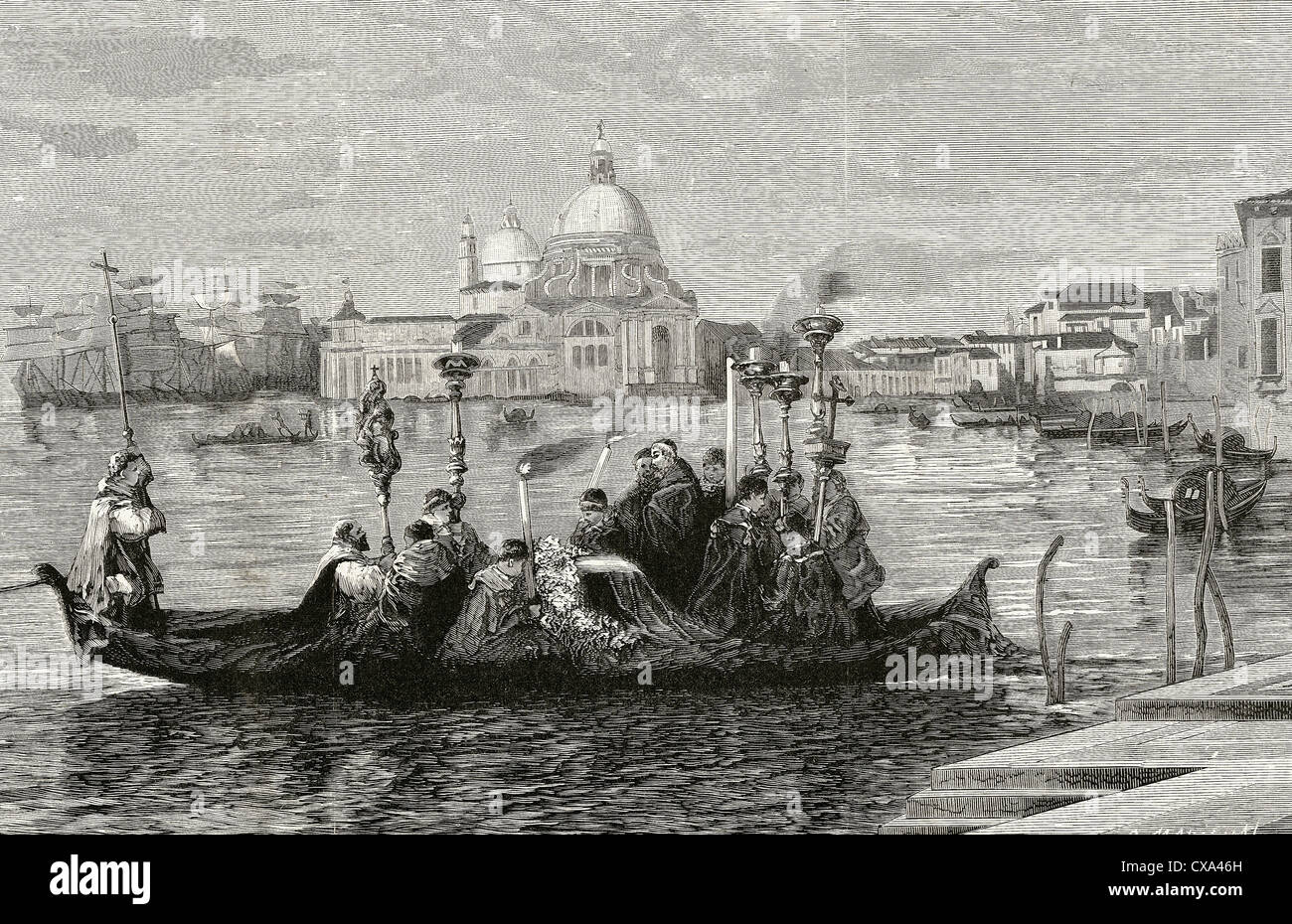 Italien. Venedig. des 19. Jahrhunderts. Trauerzug. Kupferstich von Marichal "Abbildung", 1880. Stockfoto