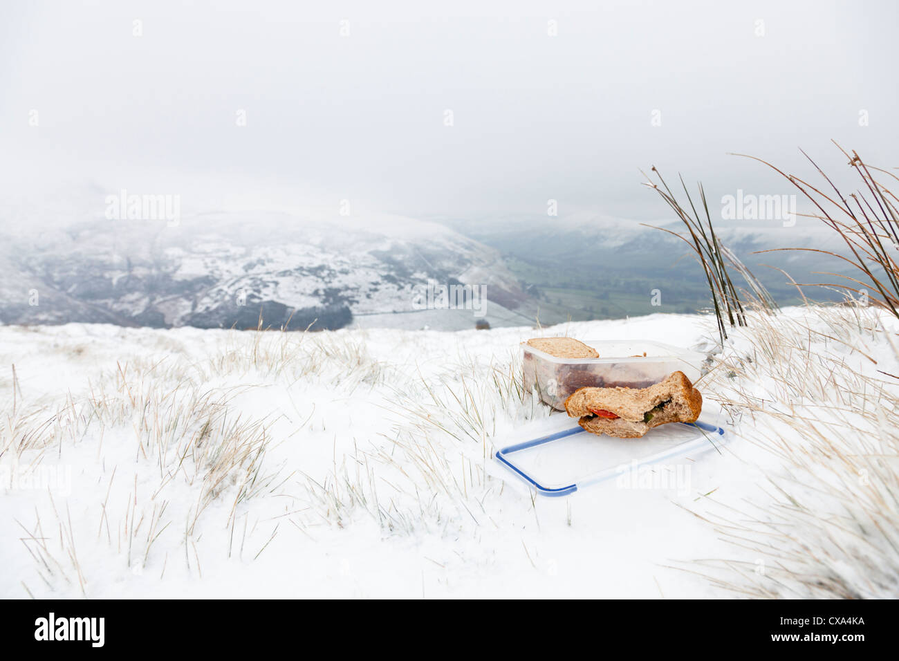 Teil gegessen Sandwich aus einem Lunchpaket, Sandwiches in der Landschaft im Winter Schnee. Zugehörigkeit zu einem Wanderer, Walker oder Wanderer. England, Großbritannien Stockfoto