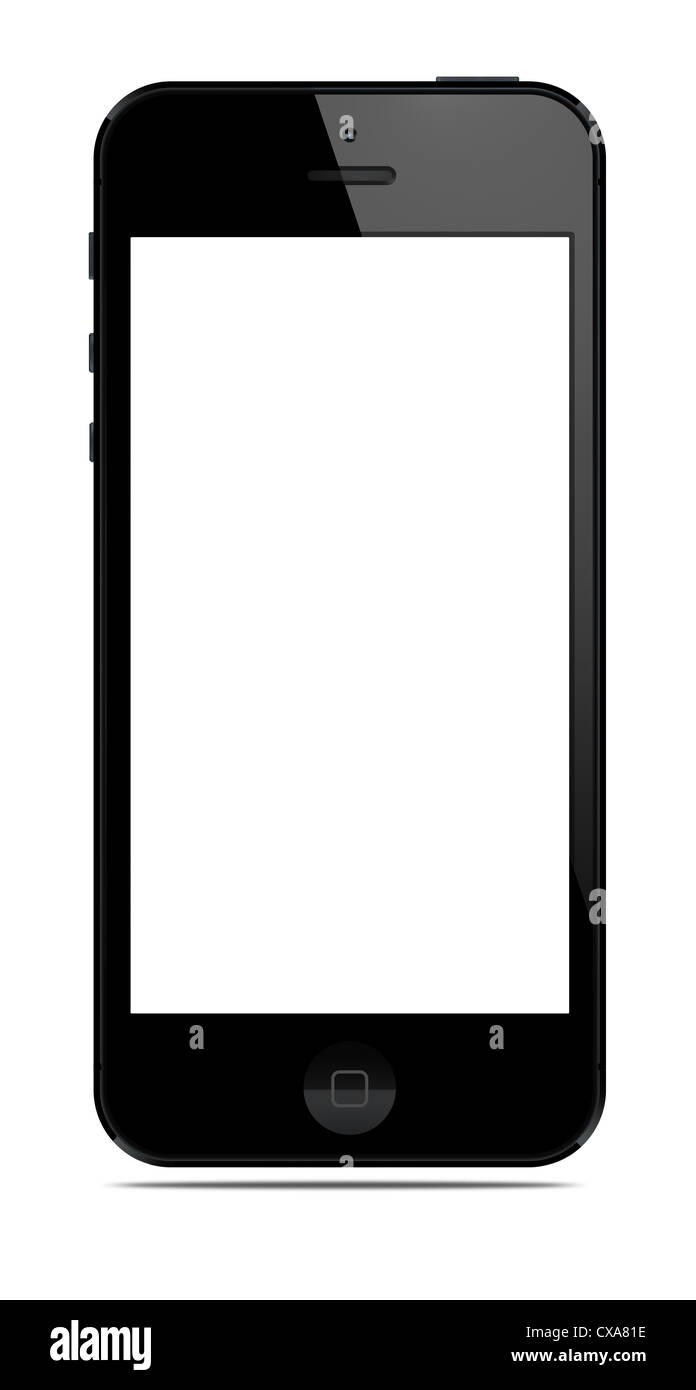Neue moderne iPhone 5 mit unbelegten Schirm isoliert auf weiss. Enthalten Sie Beschneidungspfad für Telefon und Bildschirm. Stockfoto