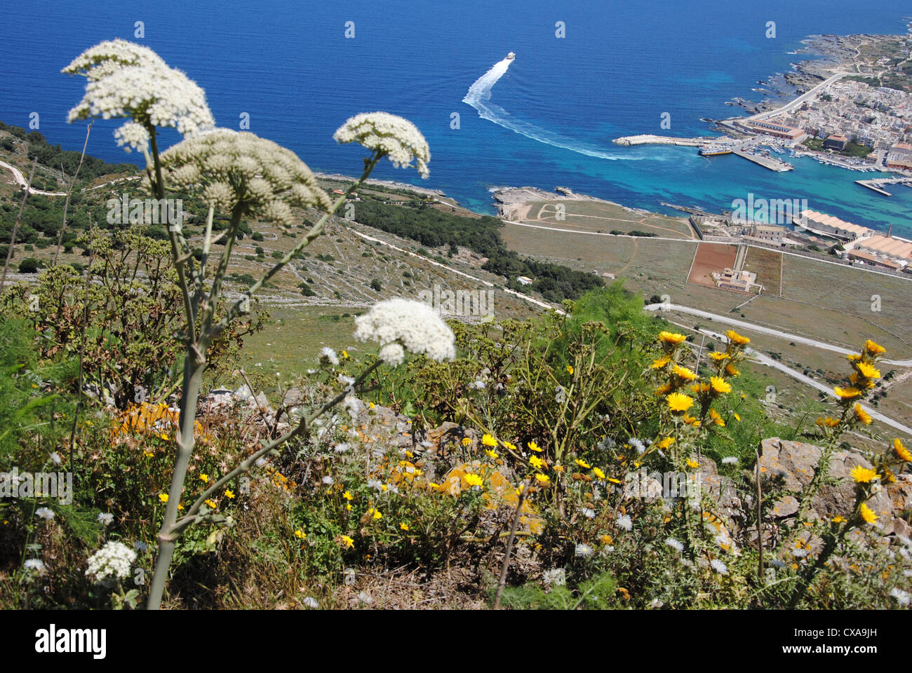 Aussicht vom Gipfel des Monte Santa Caterina auf der Insel Favignana, Sizilien Stockfoto