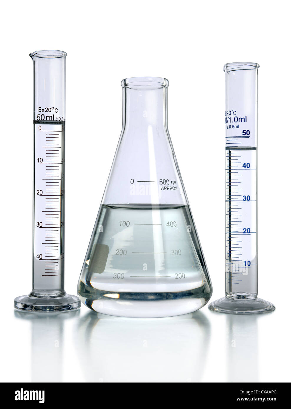 Laborglas mit Flüssigkeiten isoliert auf weiß - mit Beschneidungspfad auf Glas Stockfoto