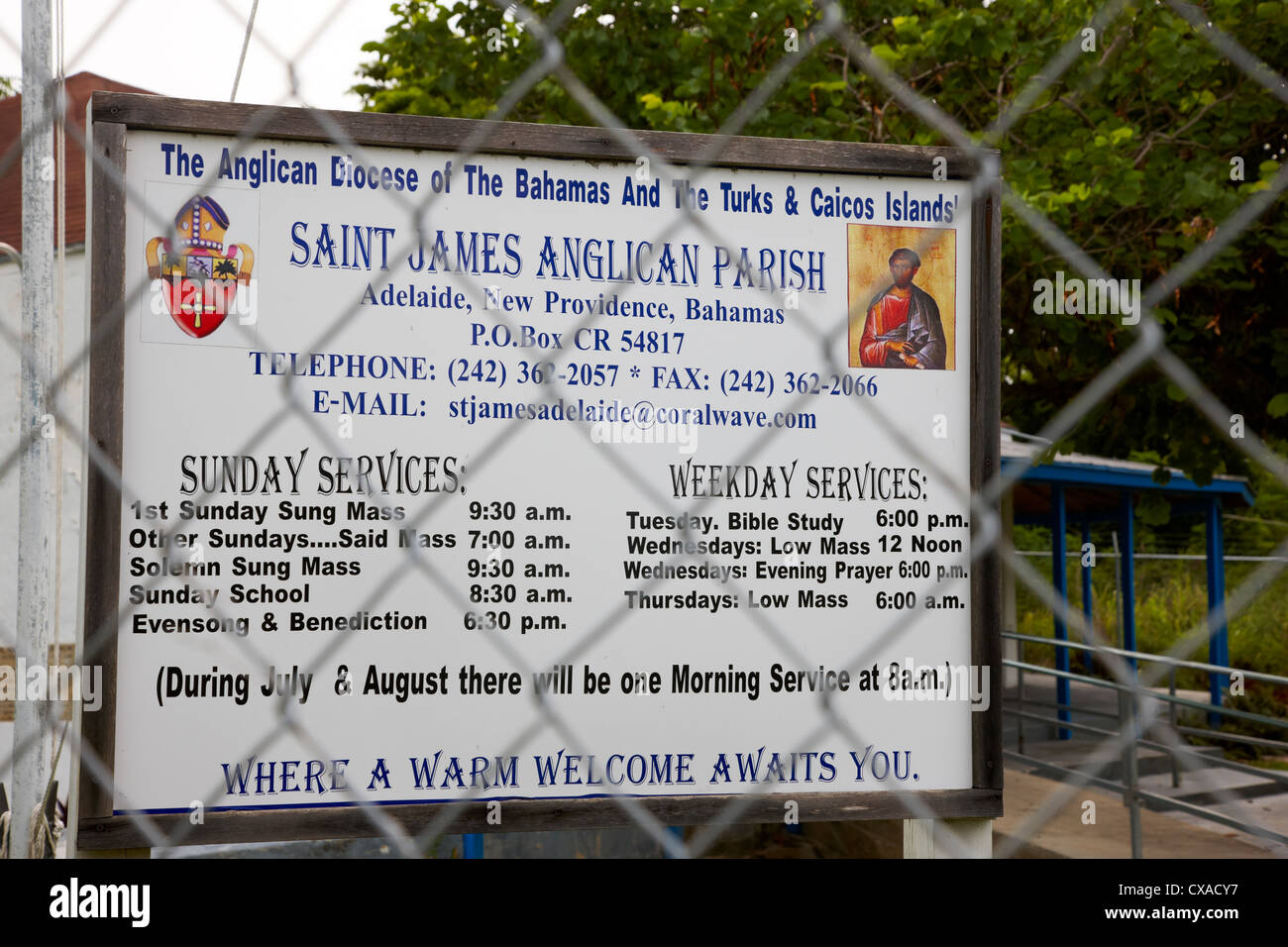Saint James Anglican Pfarrei Zeichen, Adelaide Dorf New Providence Island, Bahamas, Caribbean Stockfoto