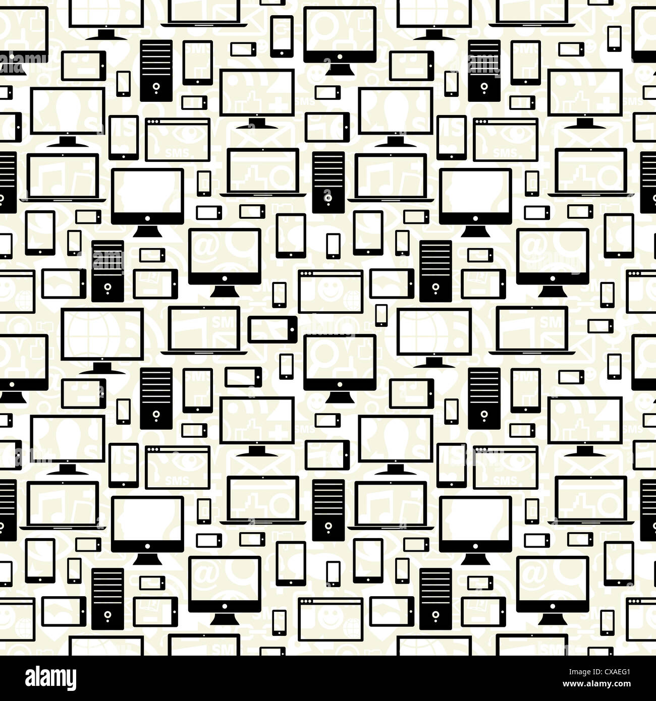 Schwarze Geräte Symbole Musterdesign über social-Media-Hintergrund. Vektor-Illustration für einfache Handhabung und individuelle Färbung geschichtet. Stockfoto