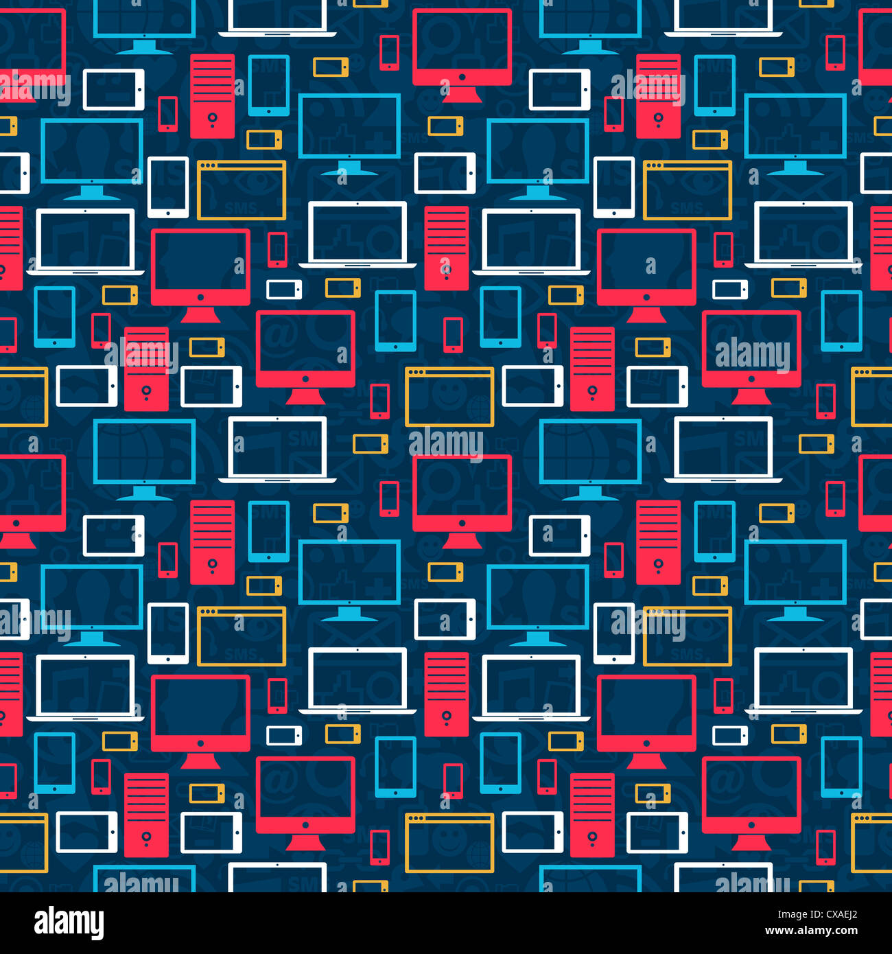 Computer, Tablet und mobile Symbole Musterdesign über social-Media-Hintergrund. Vektor-Illustration für einfache Handhabung und individuelle Färbung geschichtet. Stockfoto