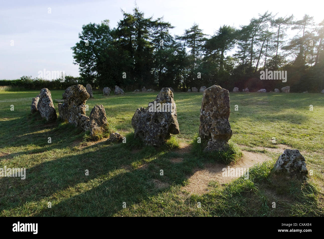 Rollright Stones, ein neolithischen standing Stone circle aus der Zeit um 2500BC, an der Grenze von Oxfordshire Warwickshire, England Stockfoto