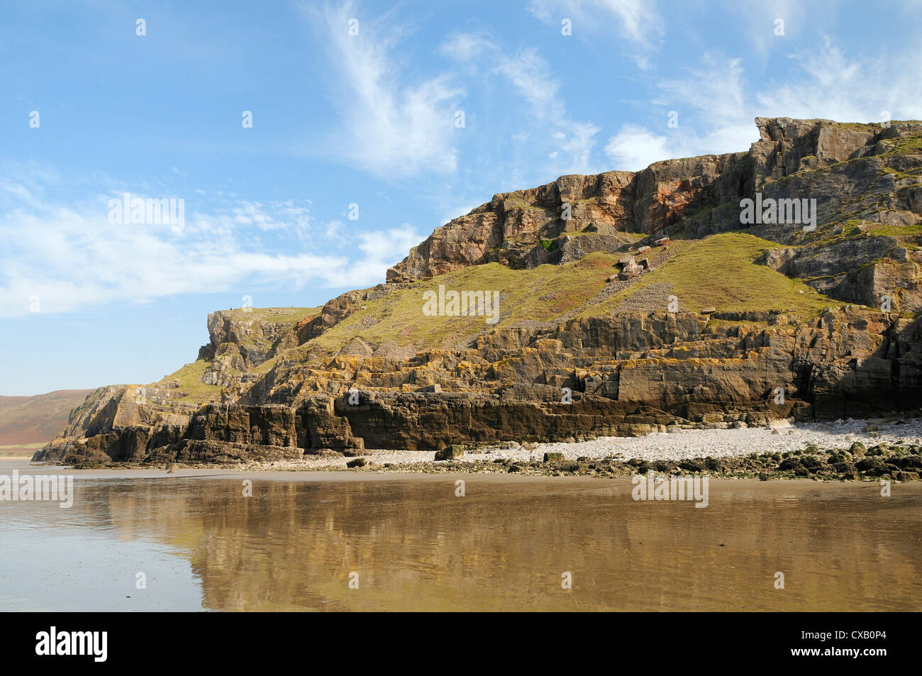 Steilküste bei Rhossili, Ansicht von unten an den niedrigen Gezeiten, The Gower Halbinsel, Wales, Vereinigtes Königreich, Europa Stockfoto