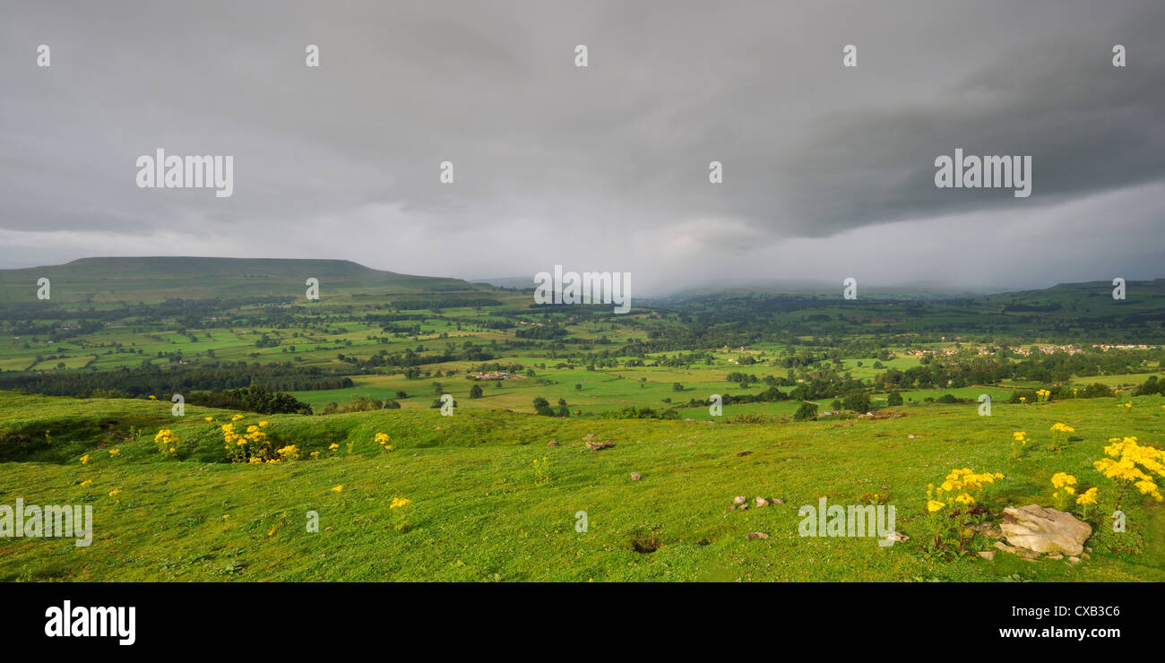 Bedrohliche Wolken über Penhill, Wensleydale, gesehen von Preston Narbe, Yorkshire, England Stockfoto