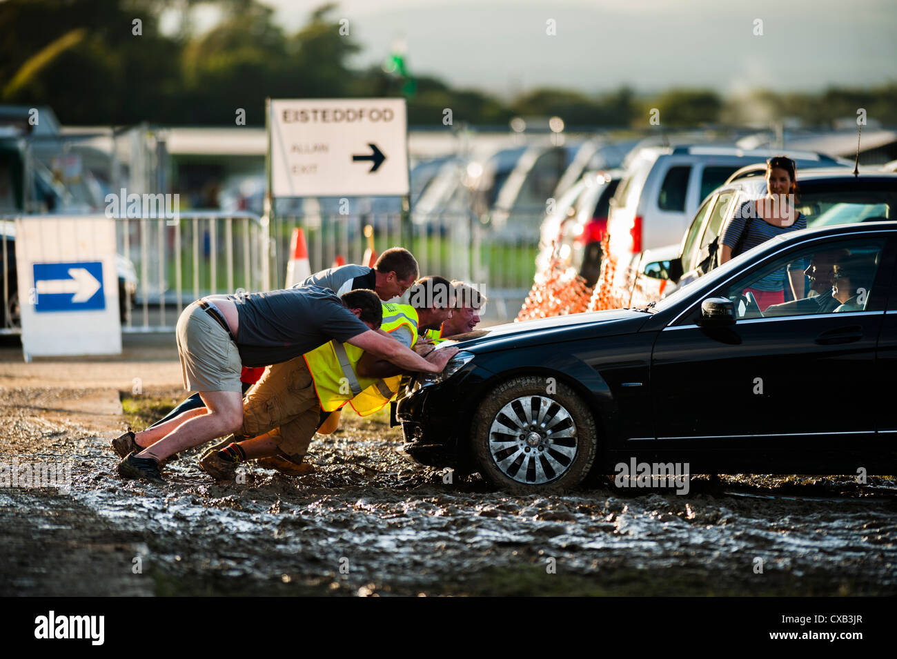 Freiwillige, die ein Auto im Schlamm stecken bei der Eisteddfod Genedlaethol Cymru 2012 / National Eisteddfod von Wales Stockfoto