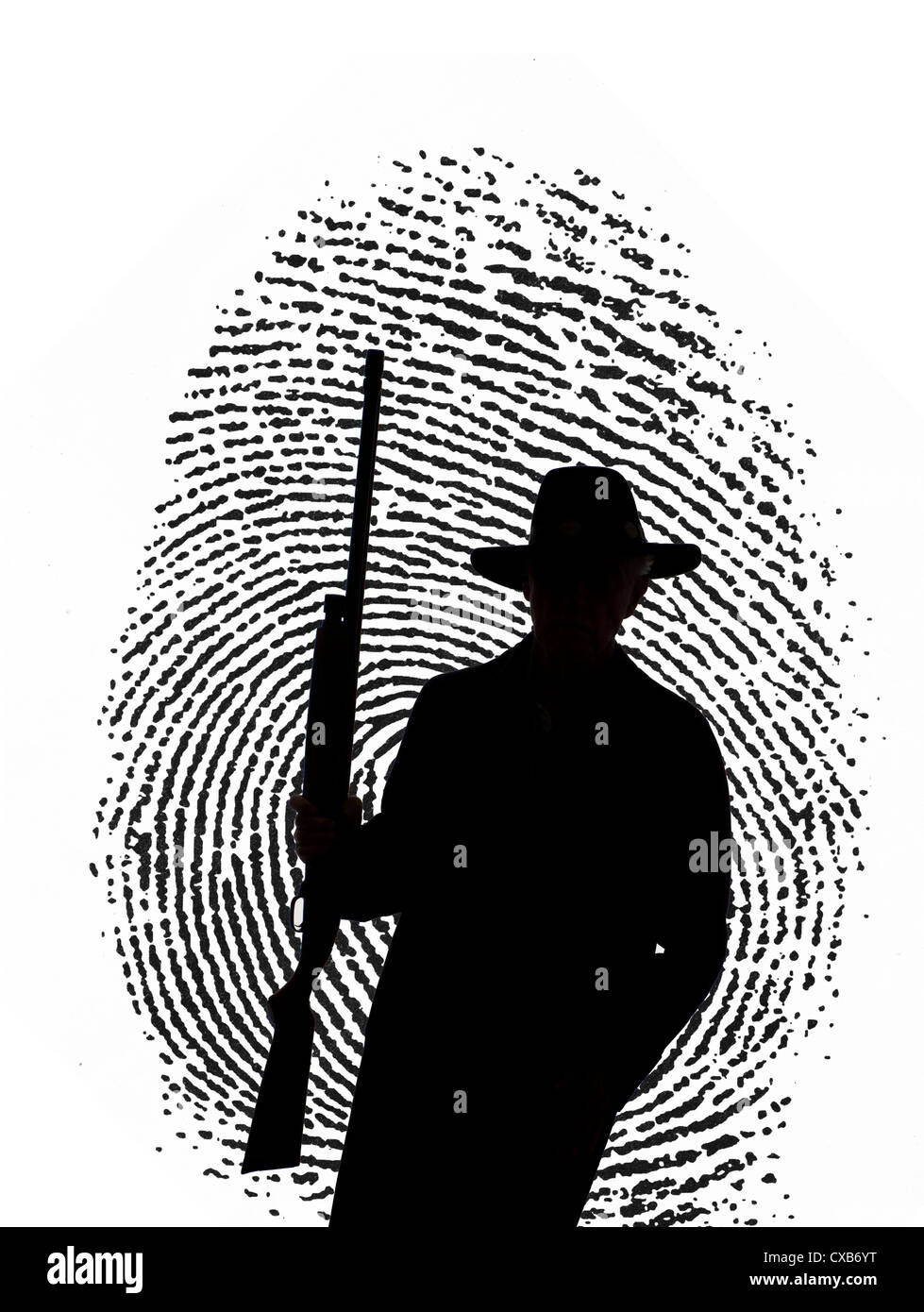 Computer-generierte männliche Silhouette mit Kanone auf Fingerabdruck Stockfoto