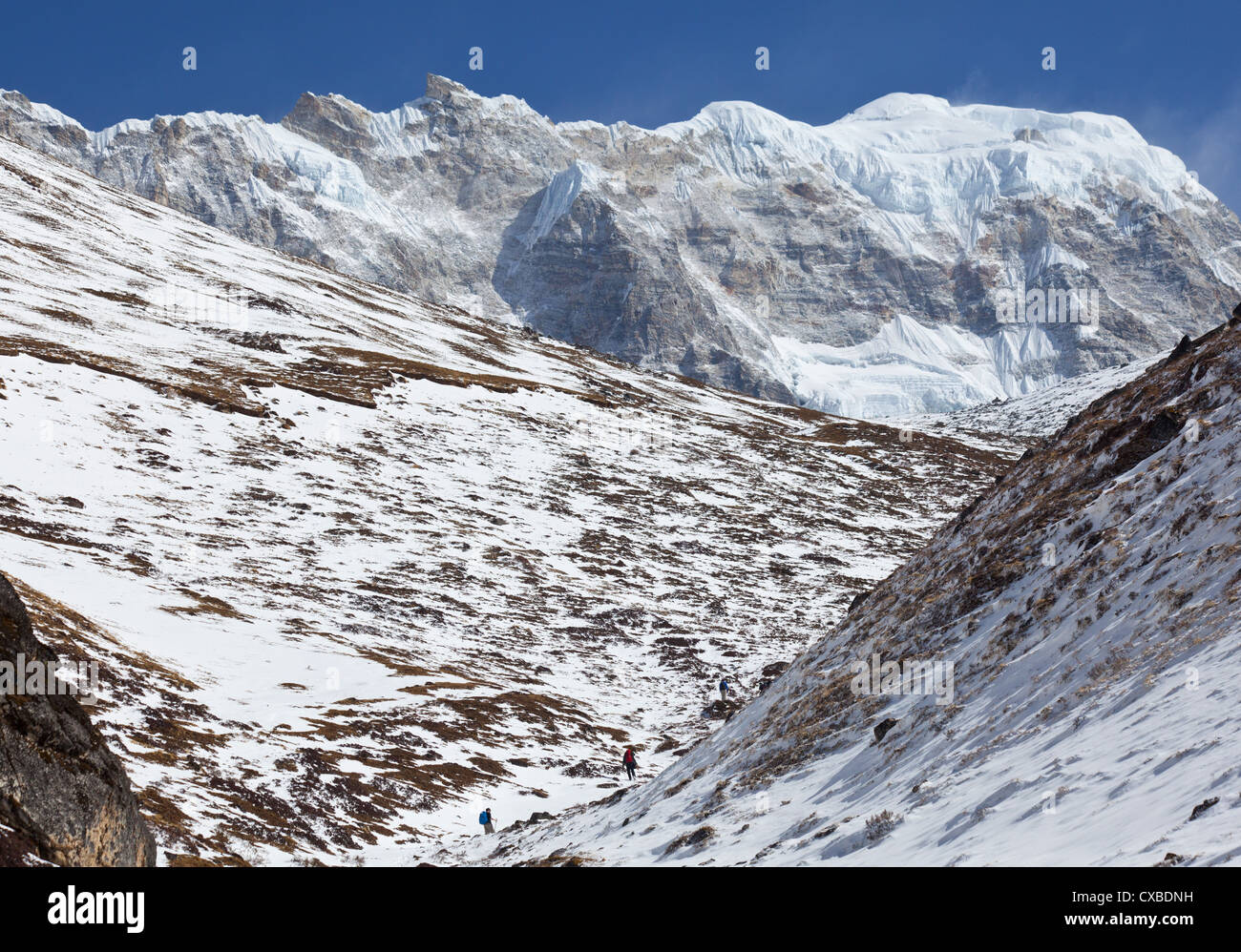 Menschen, die an der Seite eines Berges wandern bedeckt in Schnee, Langtang-Tal, Nepal Stockfoto