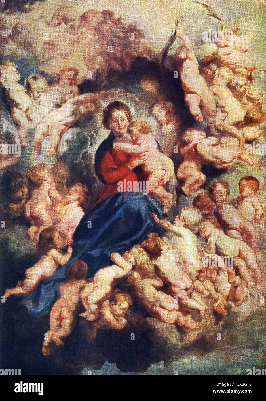 Dieses Gemälde von Rubens zeigt die Jungfrau Maria mit ihrem Sohn Jesus Christus, umgeben von unschuldigen. Stockfoto
