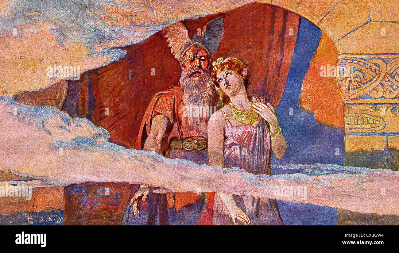 Die nordischen Götter Wodan (Odin) und Frea (Frigg) von Valhalla, eine riesige Halle in Asgard, schaue aus dem Fenster in den Himmel. Stockfoto
