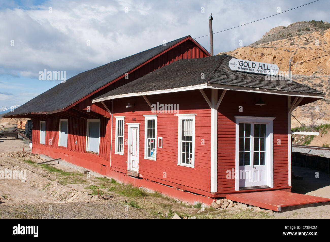 Historisches Gold Hill Bahnhof außerhalb von Virginia City, Nevada, Vereinigte Staaten von Amerika, Nordamerika Stockfoto