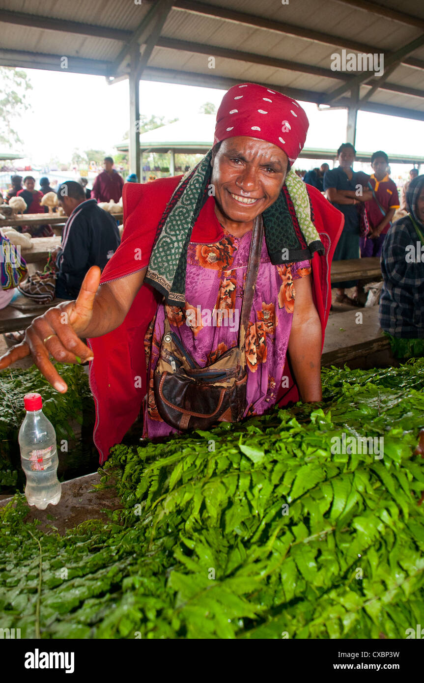 Freundliche Verkäuferin auf dem Markt von Mount Hagen, Hochland, Papua-Neuguinea, Pazifik Stockfoto
