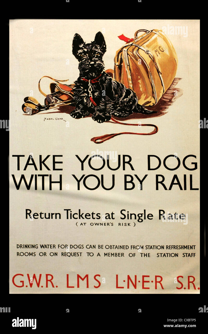 Vintage Eisenbahn Werbung Plakat Förderung von Reisen mit Heimtieren Stockfoto