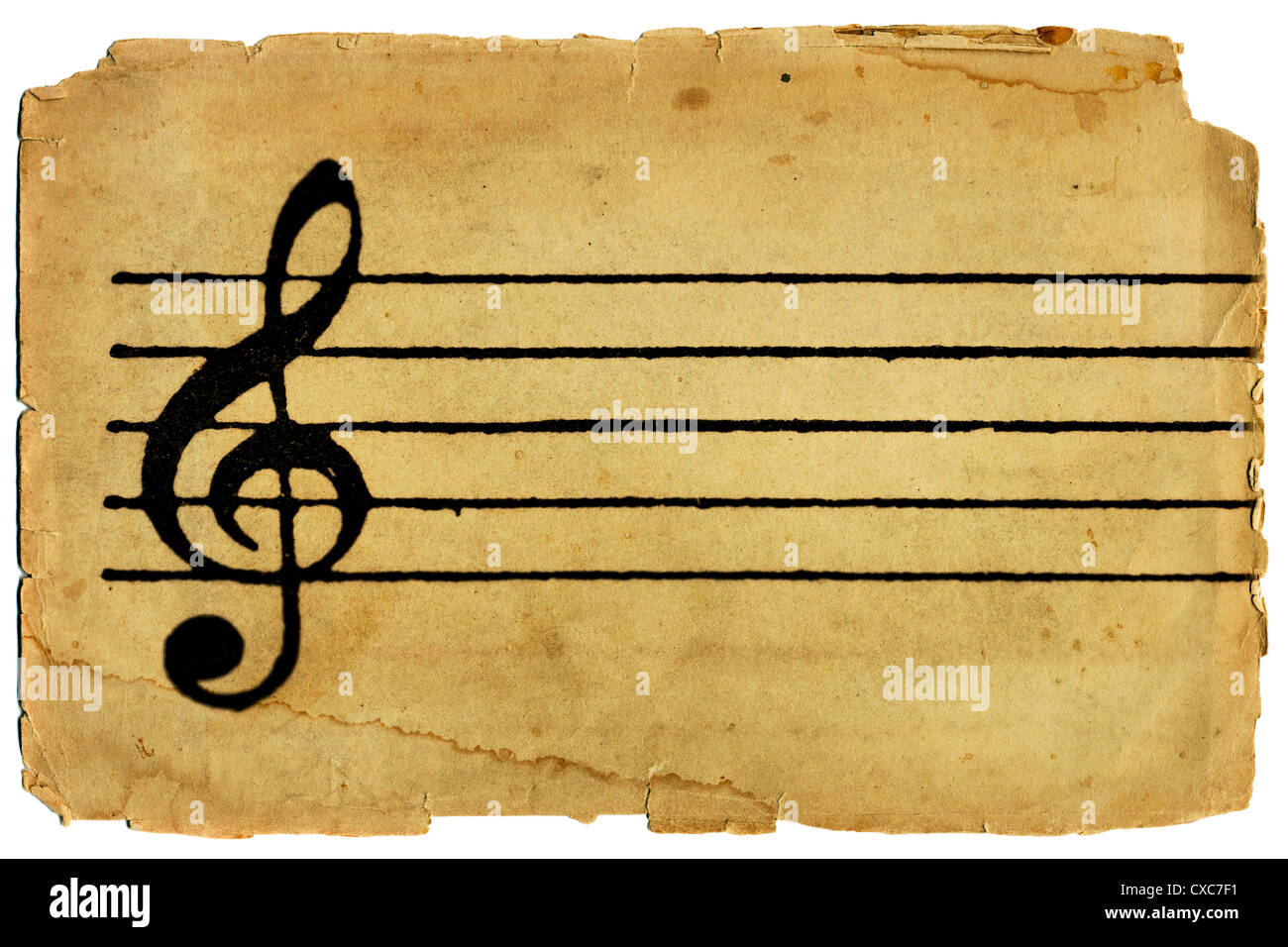 Violinschlüssel und musikalischer Mitarbeiter auf leere Notenblätter mit künstlerischen, Vintage Textur-Effekt Stockfoto