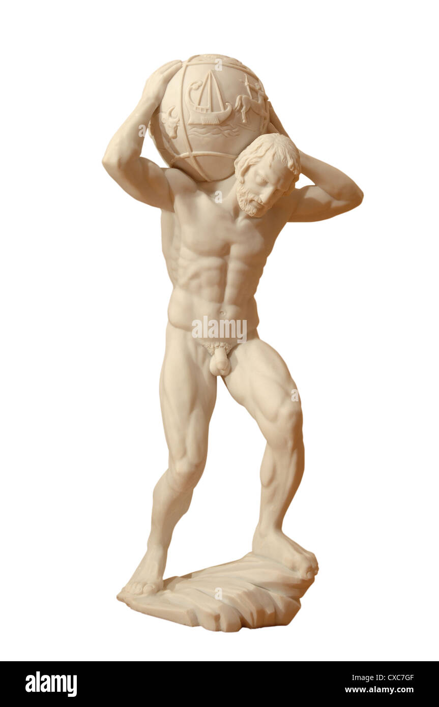 Statue des griechischen Gottes des Atlas auf dem isolierten Hintergrund Stockfoto