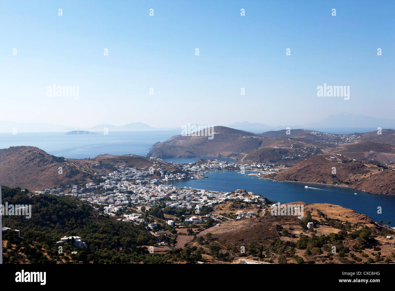 Blick vom Kloster des Heiligen Johannes der Evangelist, Patmos, Dodekanes, griechische Inseln, Griechenland, Europa Stockfoto