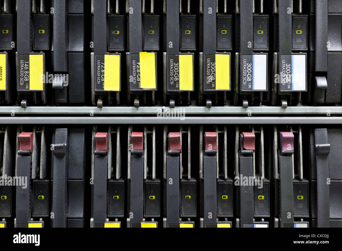 Netzwerk-Servern in einem Rechenzentrum Hdd. Nahaufnahme Schuss Stockfoto