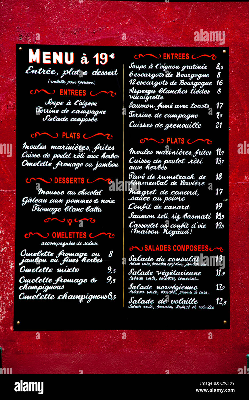 Tafel Menü vor einem Café in Paris Frankreich Stockfoto