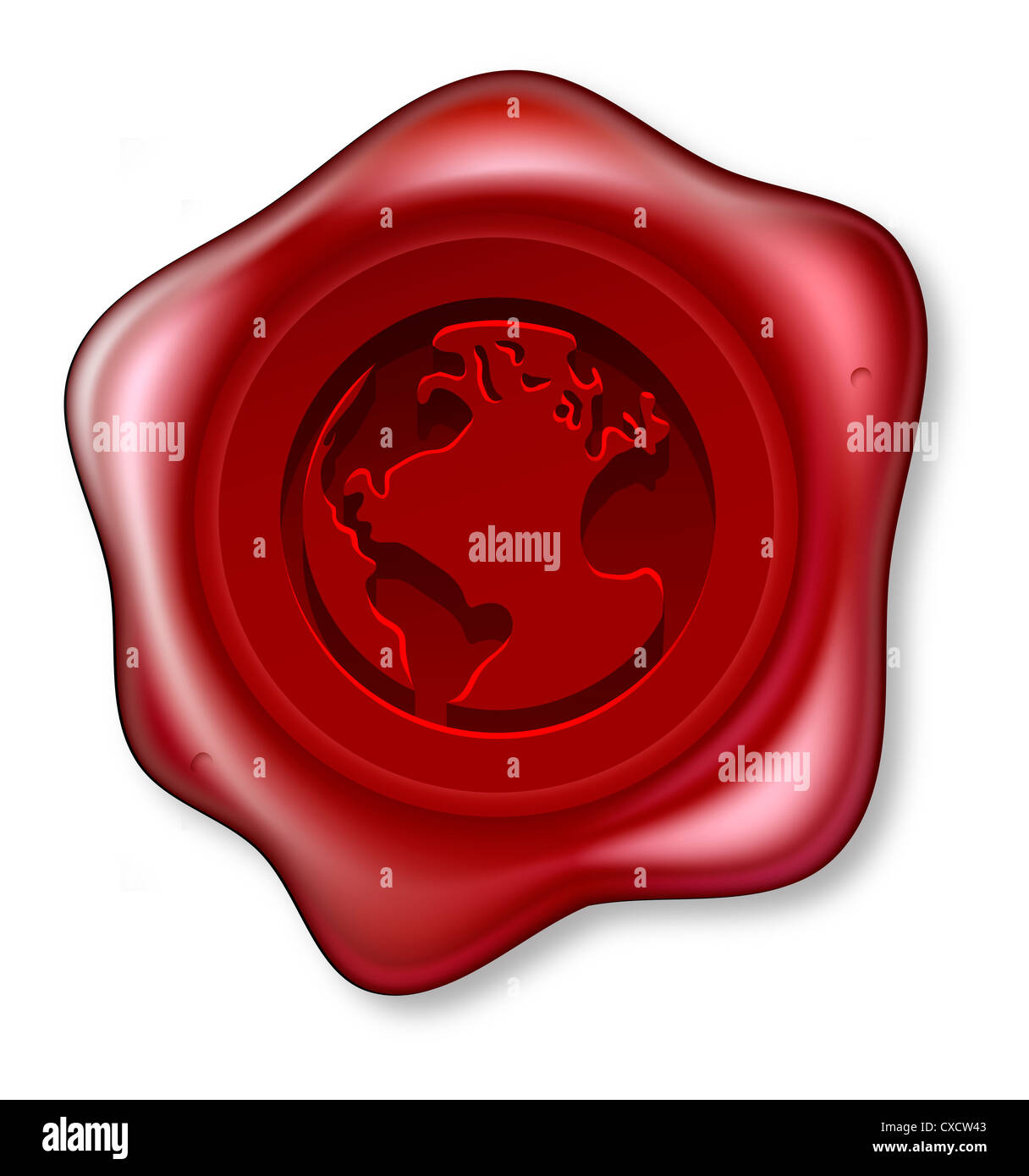 Ein rotes Siegelwachs Siegel mit einem Welt-Globus-Motiv auf ihr eingeprägten Stockfoto