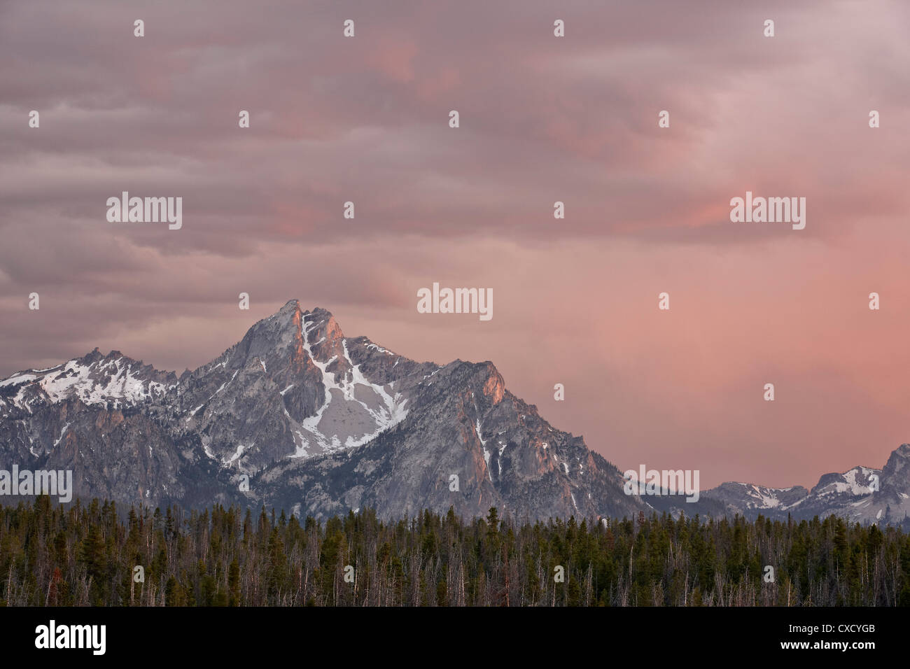 Rosa Wolken bei Sonnenuntergang über den Sawtooth Mountains, Sawtooth National Recreation Area, Idaho, Vereinigte Staaten von Amerika Stockfoto