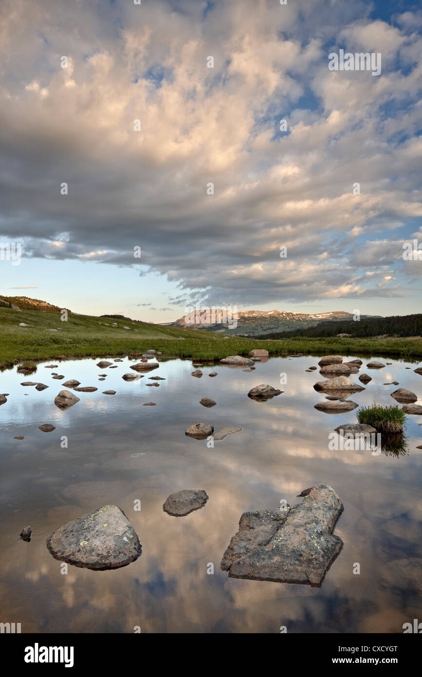 Morgenwolken über einen namenlosen See, Shoshone National Forest, Wyoming, Vereinigte Staaten von Amerika, Nordamerika Stockfoto