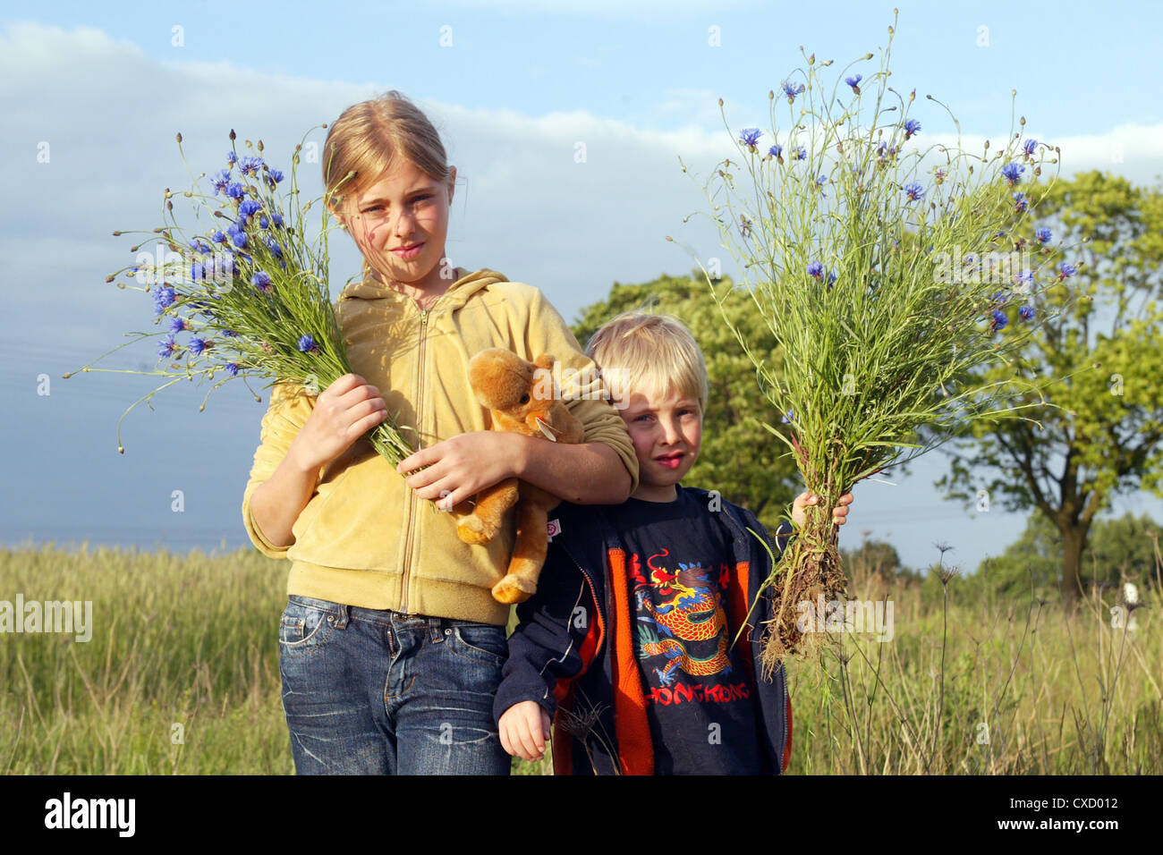 Berlin, Bruder und Schwester haben Blumen gepflückt Stockfoto