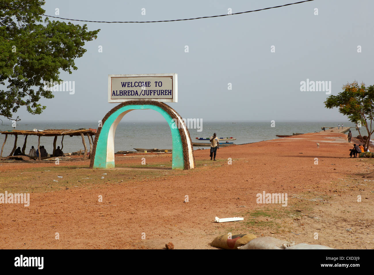 Willkommen bei Albreda Sklavenhandel Zeichen, Gambia, Westafrika Stockfoto