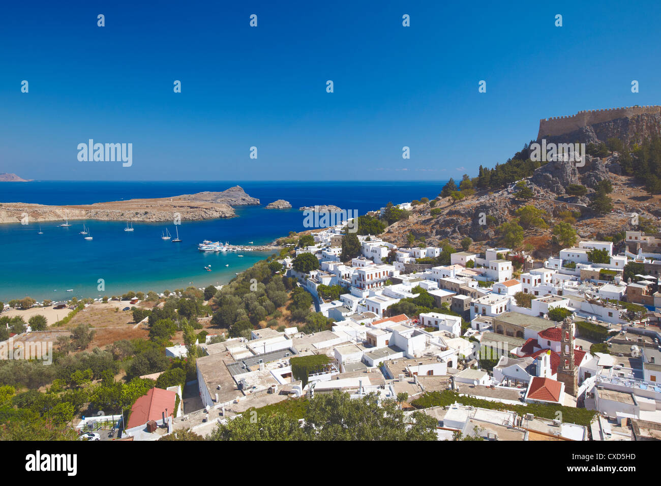 Lindos und Akropolis, Rhodos, Dodekanes, griechische Inseln, Griechenland, Europa Stockfoto