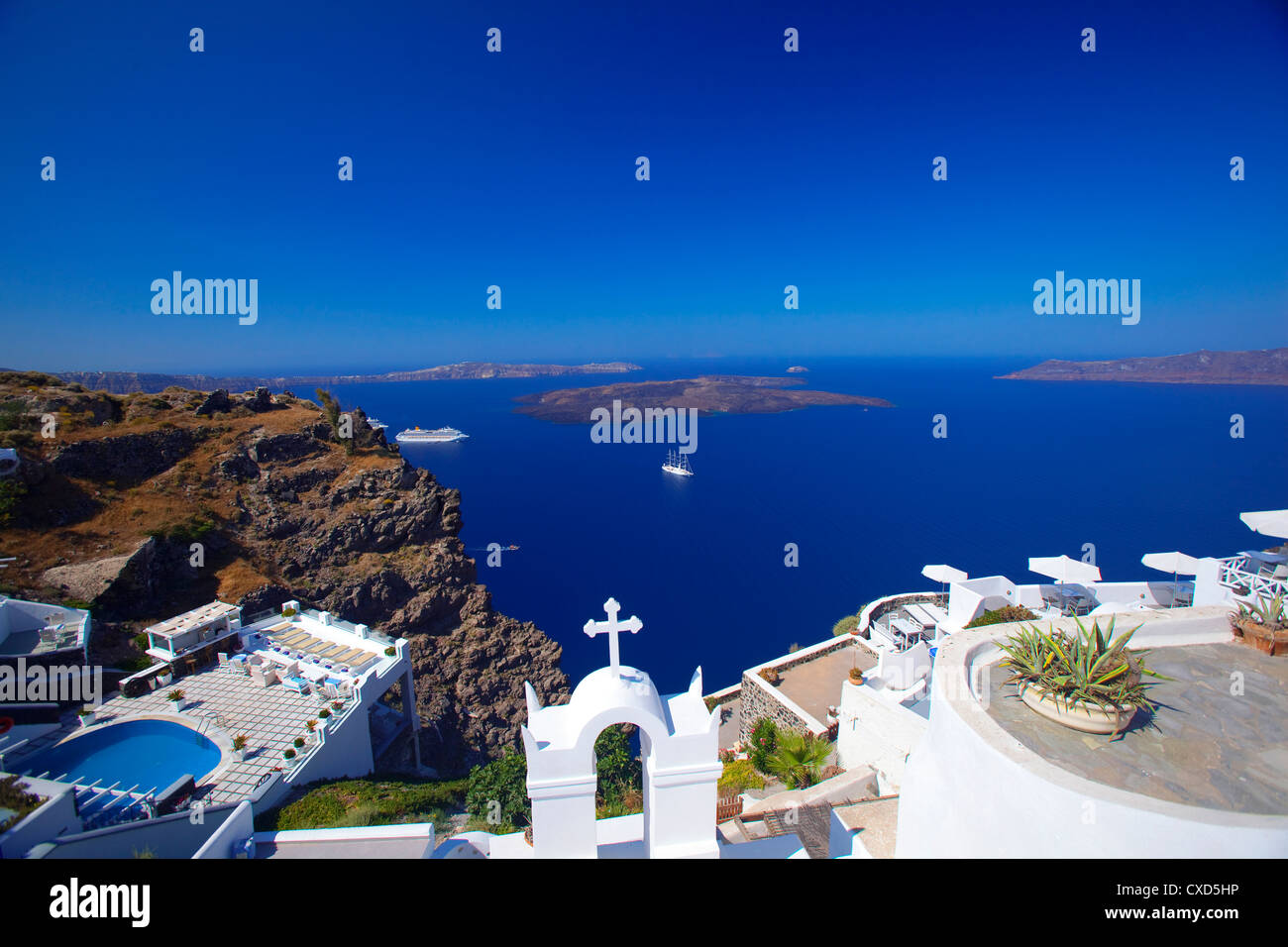 Blick auf Caldera von Imerovigli, Santorin, Kykladen, griechische Inseln, Griechenland, Europa Stockfoto