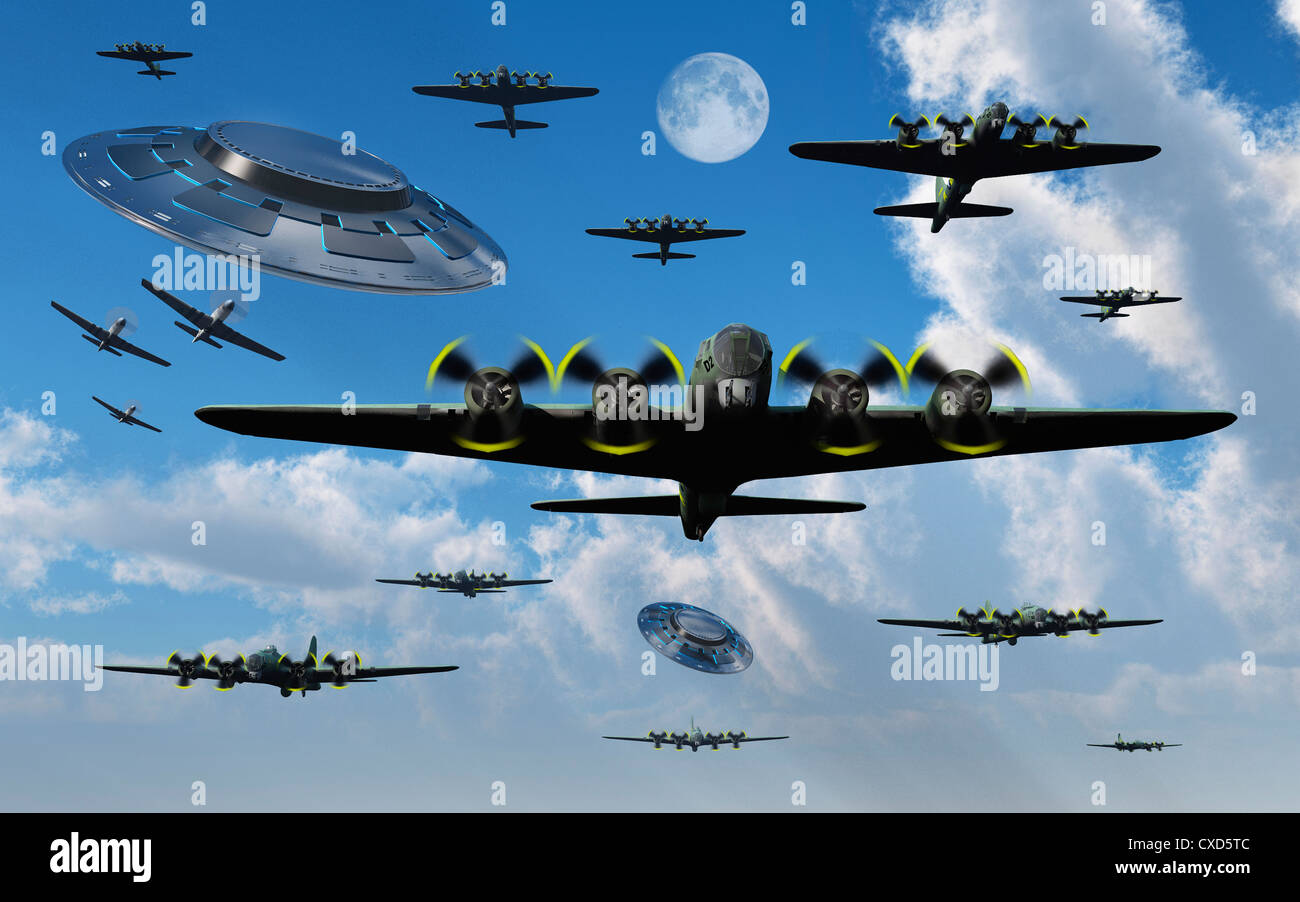 Alliierten Begegnungen, amerikanische B-17 Bomber, die Begegnung mit UFOs Stockfoto