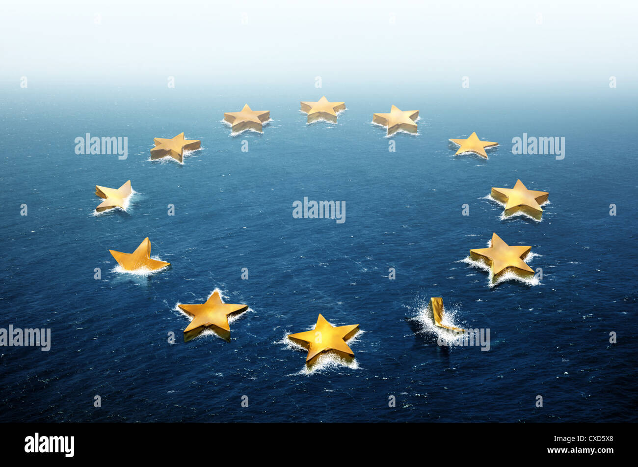 Konzeptbild repräsentieren die Sterne der Flagge der Europäischen Union driften und versinkt im Ozean Stockfoto