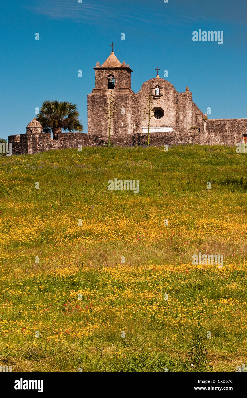 Frühling Wildblumen Wiese unterhalb der Muttergottes von Loreto-Kapelle am Presidio La Bahia, in der Nähe von Goliad, Texas, USA Stockfoto