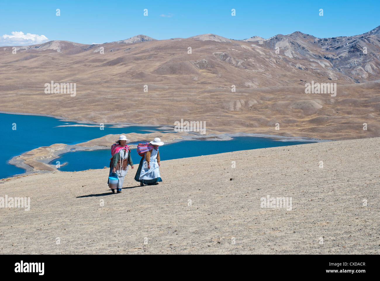 Aymara Frauen in der Cordillera Real mit dem See Tuni im Hintergrund Stockfoto