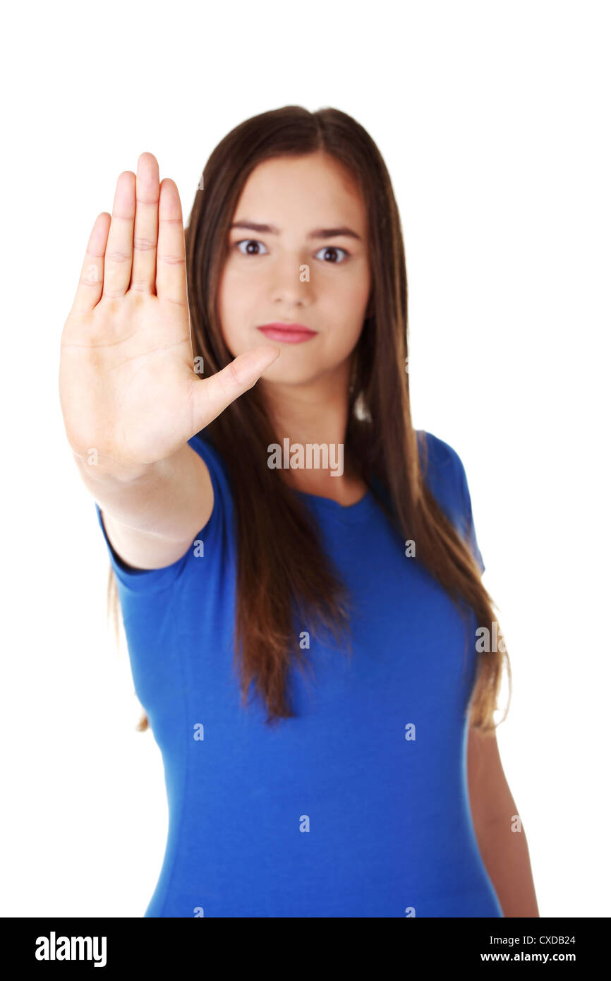 Selbstbewusste Frau machen Stop Geste Sing mit hand Stockfoto