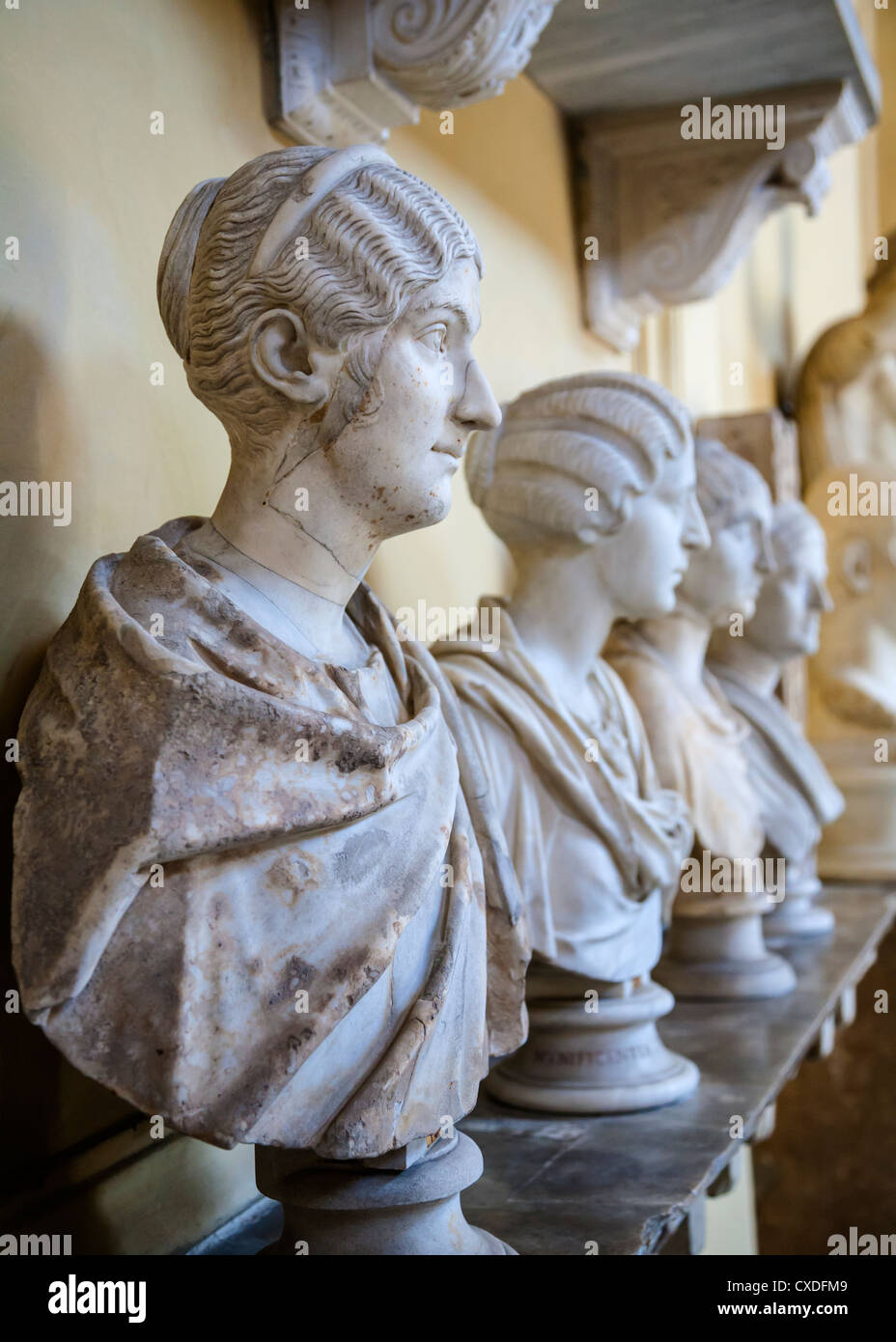 Antiken Marmor Büsten Roman auf ein Regal, Vatikanischen Museen, Rom, Italien. Stockfoto