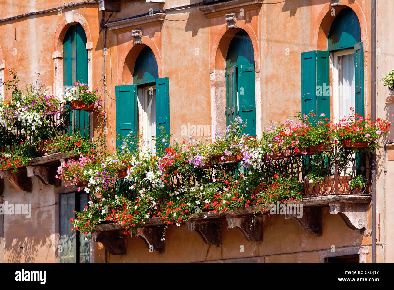 Italienische Balkon mit Blumentöpfen und Blumen Stockfoto