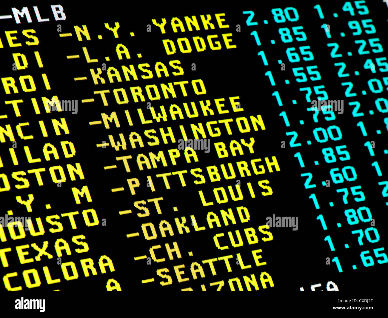 Blick auf dem Monitor mit Videotext und Wettangebot von Baseball Matchups. Stockfoto