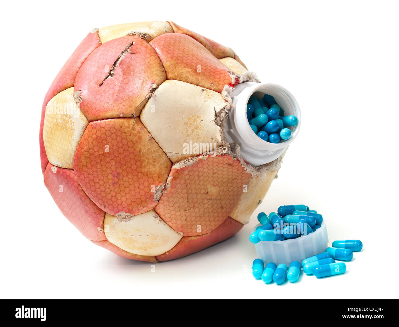 Konzeptuelle Ansicht über doping im Fußball auf einem weißen Hintergrund. Stockfoto