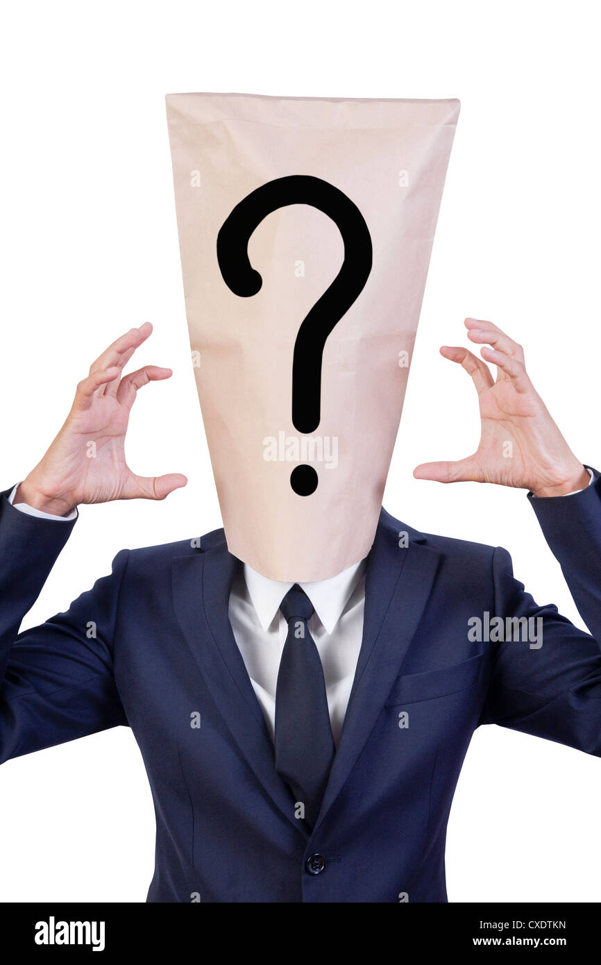 Geschäftsmann Abdeckung Kopf mit Tasche, die Fragezeichen zeigen Stockfoto