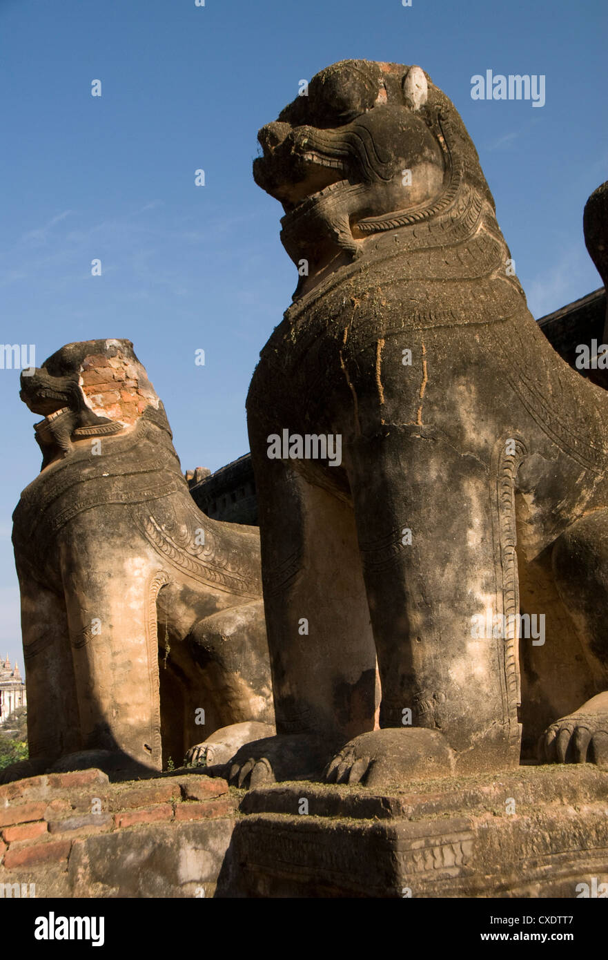 Chinthe Statuen, halb Löwe und halb Drache Mimalaung Kyaung, Bagan (Pagan), Myanmar (Burma), Asien Stockfoto