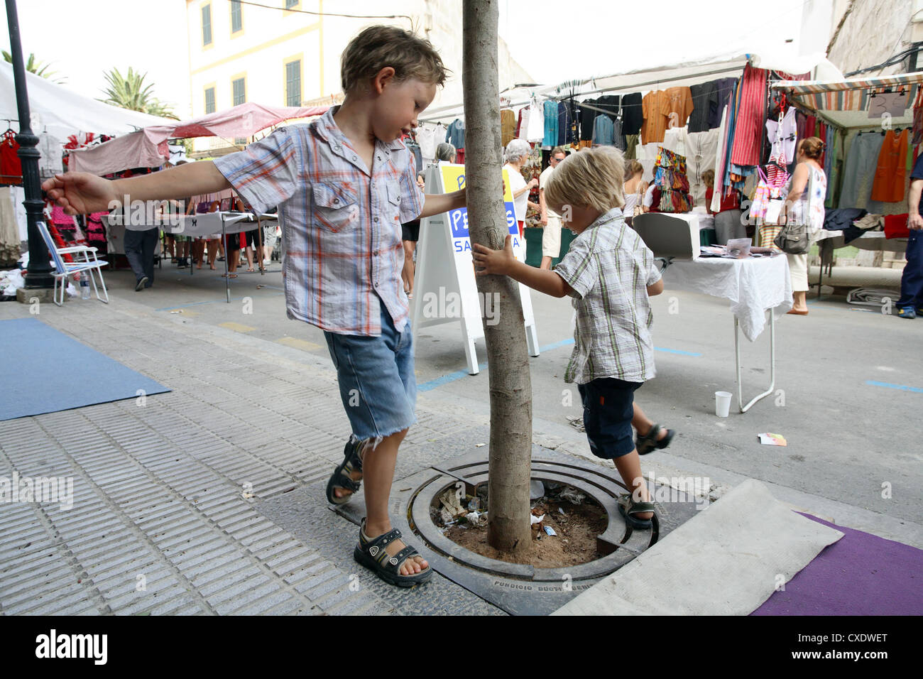 Felanitx, laufen Kinder um einen Baum Stockfoto
