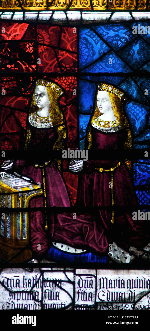 Mittelalterliche Glasmalerei Darstellung Elizabeth of York und Cecily, Royal Fenster, die Kathedrale von Canterbury, Canterbury, Kent Stockfoto