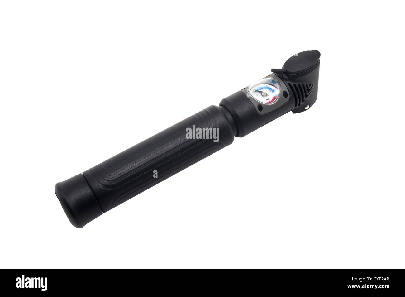 Handpumpe für Fahrräder auf weißem Hintergrund Stockfoto