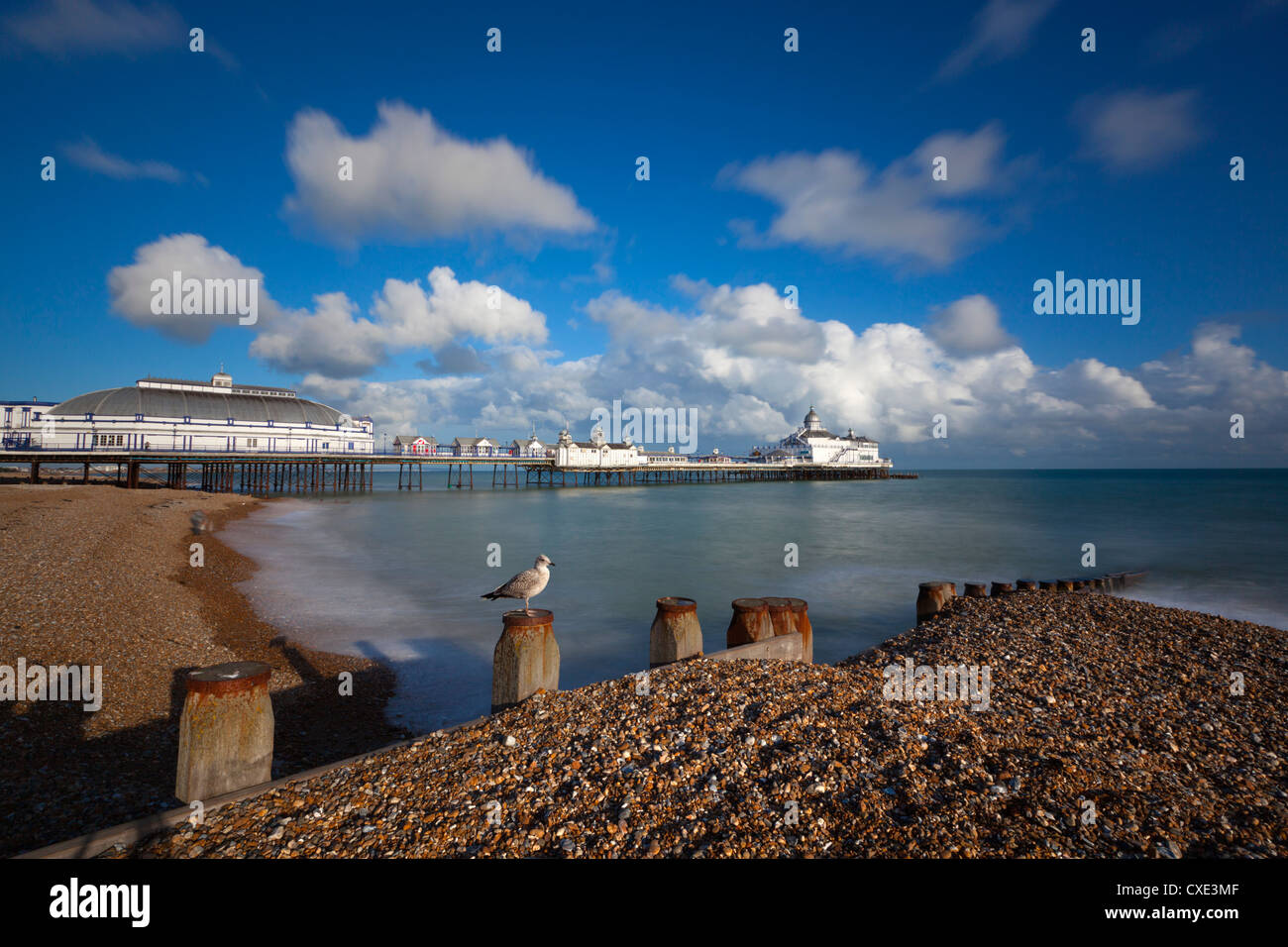 Pebble Beach und dem Pier, Eastbourne, East Sussex, England Stockfoto